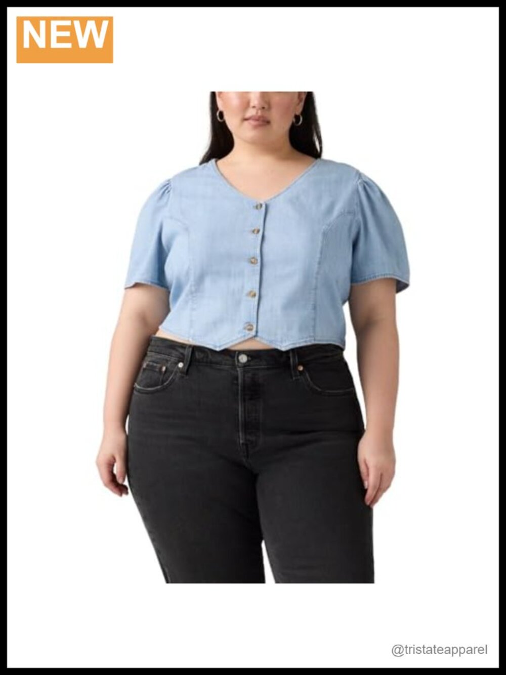 100% Cotton Short Sleeve V-Neck Denim Blouse